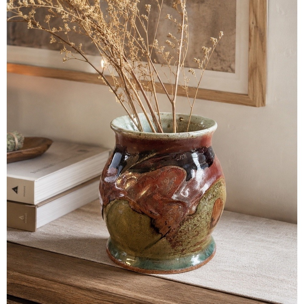 Signed Studio Pottery Vase Pot Abstract Drip Glaze Handmade Earthy Boho Decor